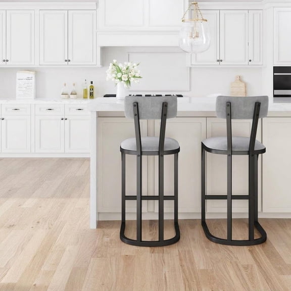 Set of 2 Suede Upholstered Bar Stools with Backrest, Mid Century Modern Style – Sturdy U-Shaped Metal Legs for Kitchen Island, Dining Room or Home Bar