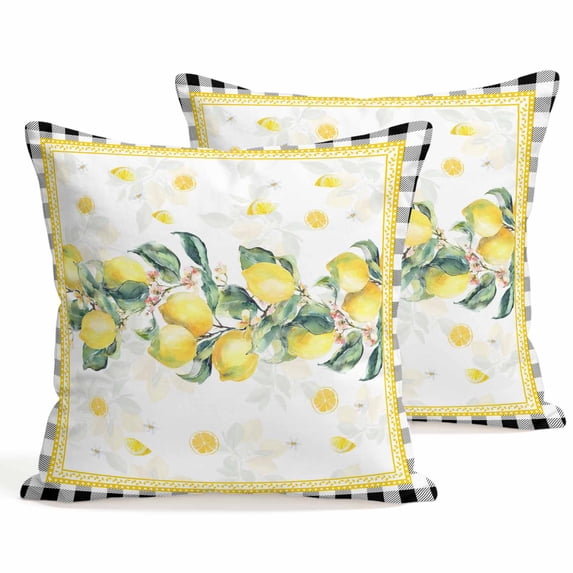 Set of 2 Summer Lemons Pillow Covers 20x20 Inch, Yellow Fruit Plants Leaves Black Checkered Decorative Throw Pillow Cases Cotton Cushion Covers for Sofa Couch Bed Living Room Bedroom Home Decor