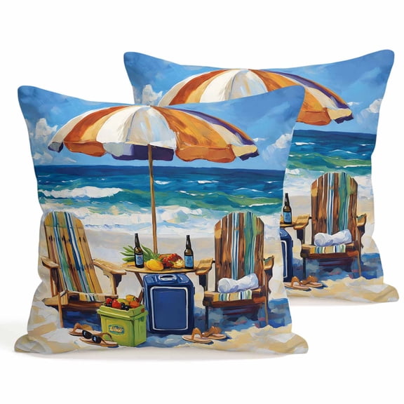 Set of 2 Summer Vacation Pillow Covers 18x18 Inch, Ocean Beach Wood Sun Umbrella Decorative Throw Pillow Cases Cotton Cushion Covers for Sofa Couch Bed Living Room Bedroom Home Decor