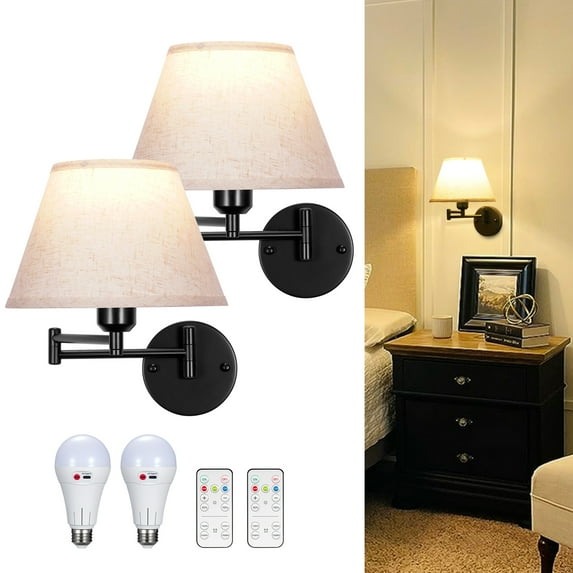 Set of 2 Rustic Industrial Wall Sconce Lighting Fixture, Battery Operated Wall Sconce with Remote Control, Swing Arm Wall Lamp with Bulb, Non Hardwired Classic Wall Lights for Indoor Bedroom Hallway