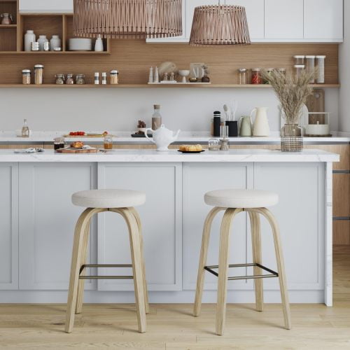 Set of 2 Swivel Bar Stools, 30 Inch Backless Counter Height Stools with Fabric Upholstered Seat, Solid Wood Legs and Metal Footrest for Home Bars, Kitchen Island, Beige