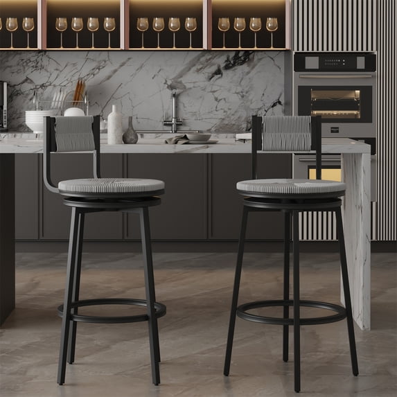 Set of 2 Swivel Bar Stools, 36inch Counter Height Bar Chairs with Metal Frame, Rustic Hand Woven Paper Rope Dining Chairs with Back and Footrest for Kitchen Counter Dining Room