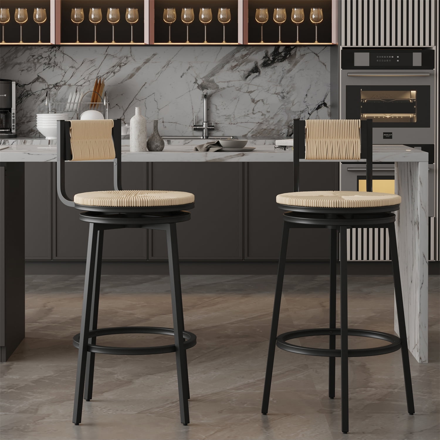 Set of 2 Swivel Bar Stools 36inch Counter Height Bar Chairs with Metal Frame Rustic Hand Woven Paper Rope Dining Chairs with Back and Footrest for