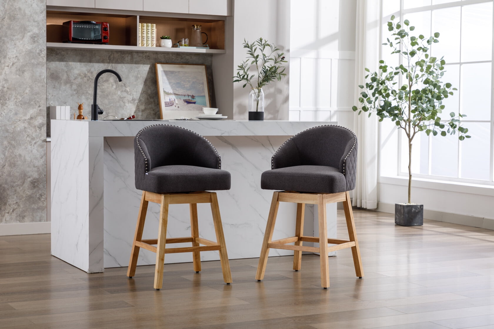 Set of 2 Swivel Bar Stools with Footrest, Counter Height Chairs with