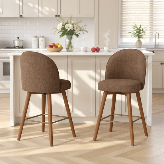 Set of 2 Swivel Bar Stools for Kitchen Island, 26" Counter Height - Padded Counter Stools with Backs and Round Seat, Upholstered Barstools with Walnut Wooden Legs, Linen in Sand