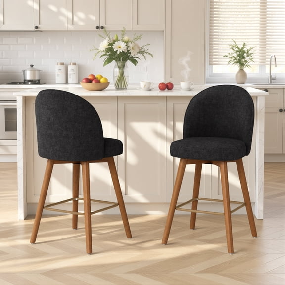 Set of 2 Swivel Bar Stools for Kitchen Island, 26" Counter Height - Padded Counter Stools with Backs and Round Seat, Upholstered Barstools with Walnut Wooden Legs, Linen in Sand