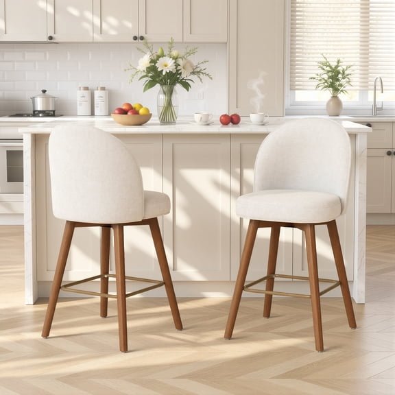 Set of 2 Swivel Bar Stools for Kitchen Island, 26" Counter Height - Padded Counter Stools with Backs and Round Seat, Upholstered Barstools with Walnut Wooden Legs, Linen in Sand