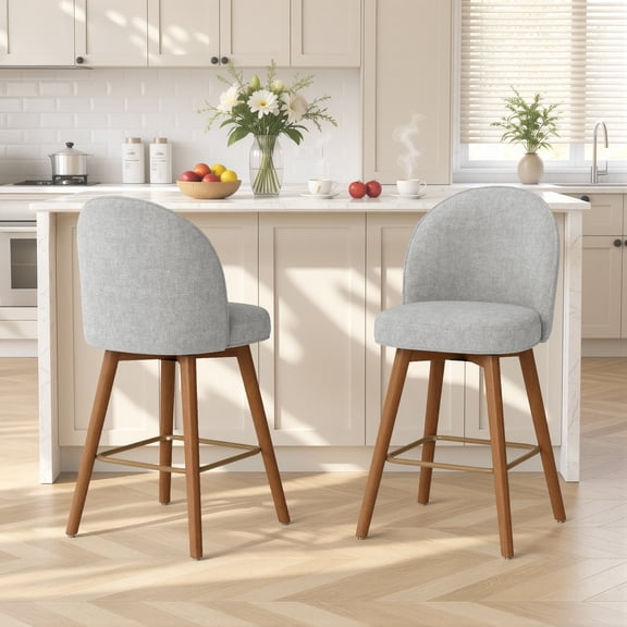 Set of 2 Swivel Bar Stools for Kitchen Island, 26" Counter Height - Padded Counter Stools with Backs and Round Seat, Upholstered Barstools with Walnut Wooden Legs, Linen in Sand