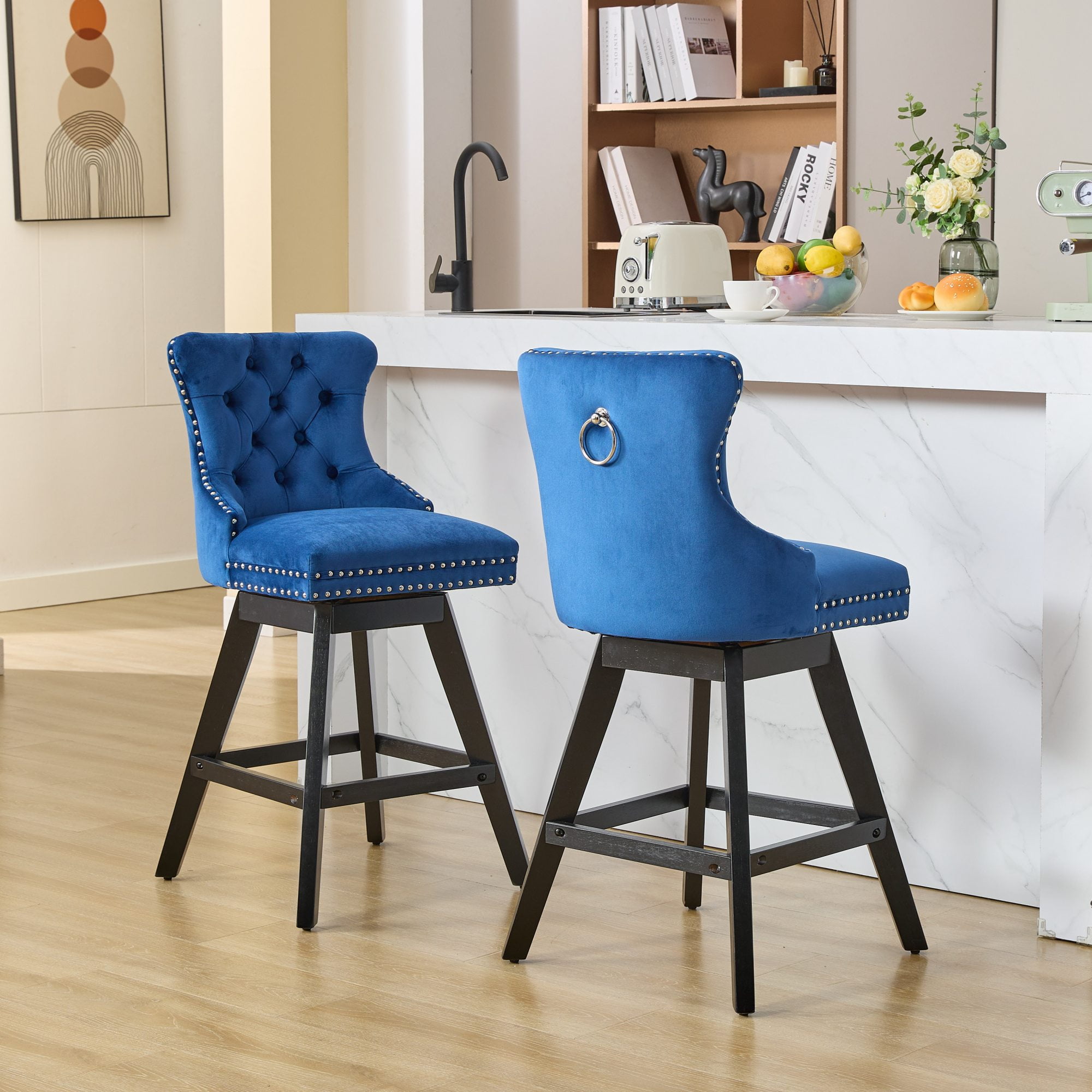Set of 2 Swivel Bar Stools, Velvet Upholstered Button Tufted Barstools ...