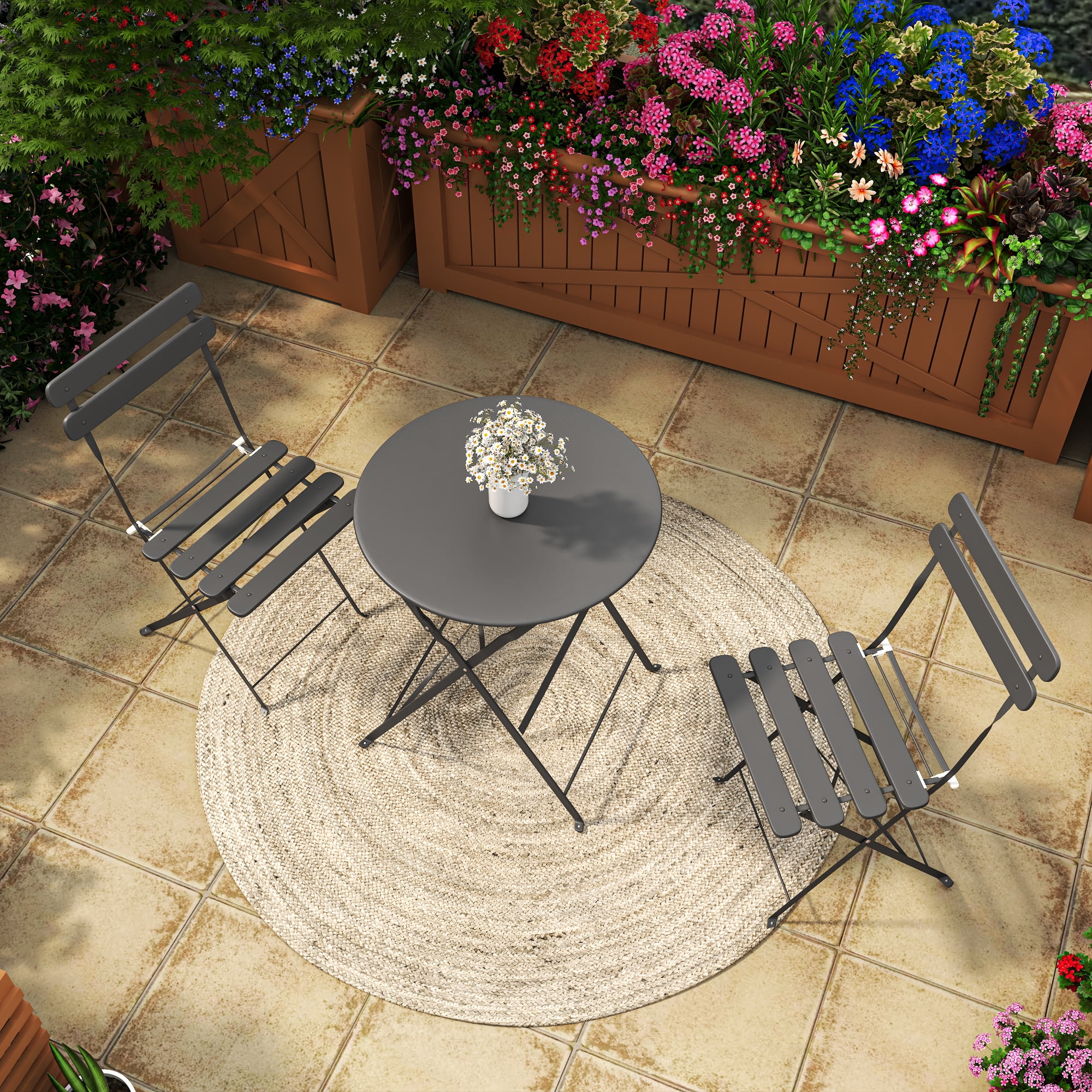 Set of 2 Table and Chairs, 3 Piece Outdoor/Indoor Folding Patio Bistro Sets, 2 Chair Patio Furniture Set with Table, Premium Frame Foldable Coffee Tables for Balcony, Yard, Garden, Grey