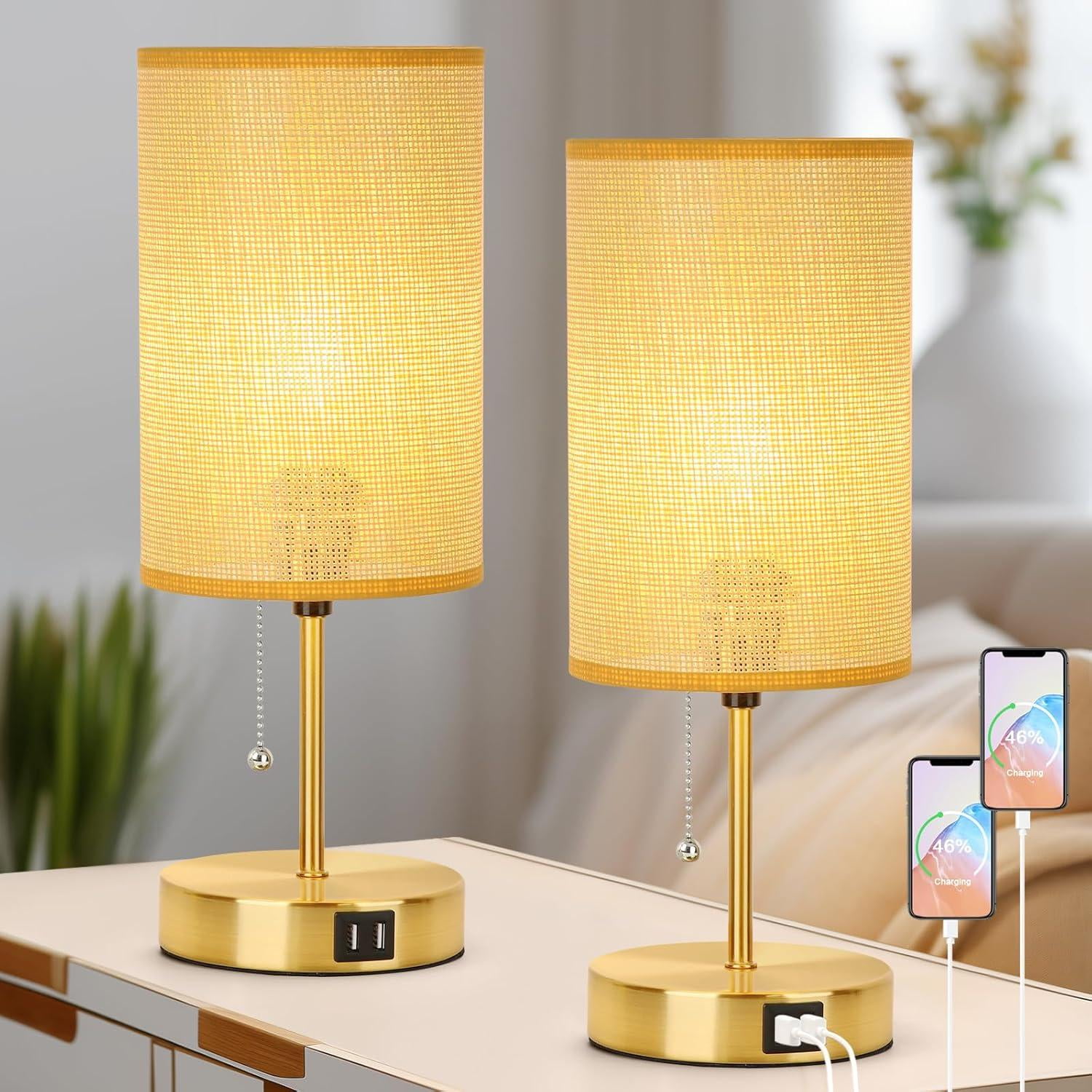 Black Lamps Modern Table Lamp Set Of 2 - 17.72 Inch Bedside Lamps With  Retro Pull Chain \u0026 Linen Shade Pull Chain Table Lamps, image size:1500x1500