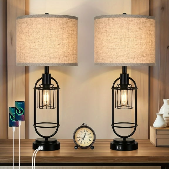 Set Of 2 Table Lamps For Living Room With USB Ports, 29" Tall 2-Light Bedside Lamps, Farmhouse Nightstand Lamp With Cream Fabric Shade, Industrial Desk Lamp For Bedroom End Table Reading LampE26 Base