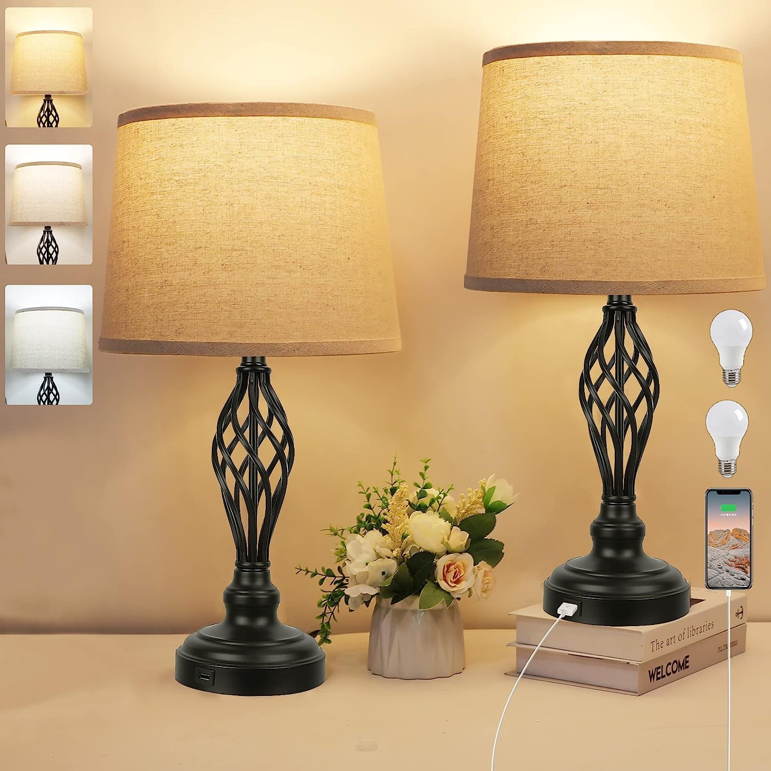 Set of 2 Table Lamps with USB Port, Farmhouse Bedside Lamps with 3Color Temperature, Nightstand