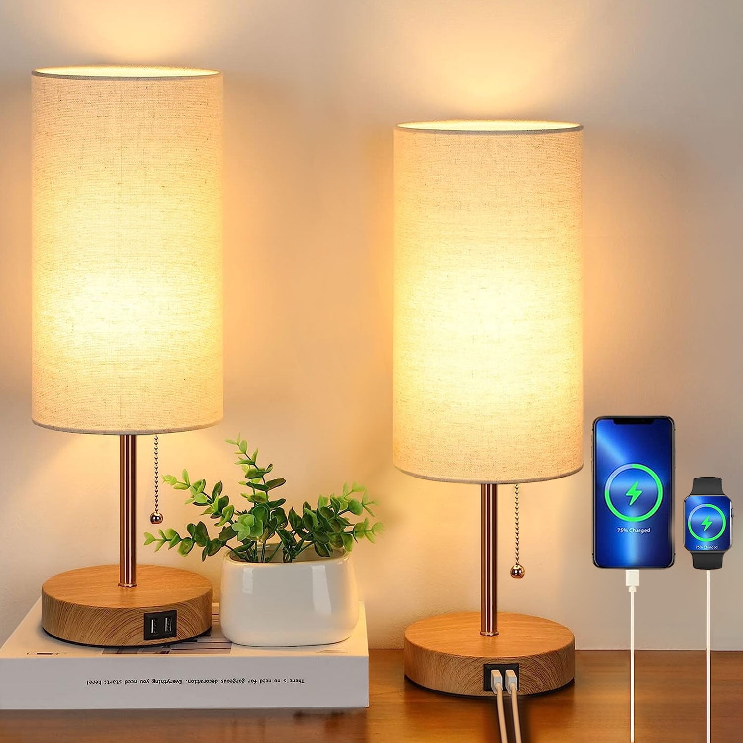 Set of 2 Table Lamps with 2 USB Ports, Modern Bedside Lamps, Desk Lamps