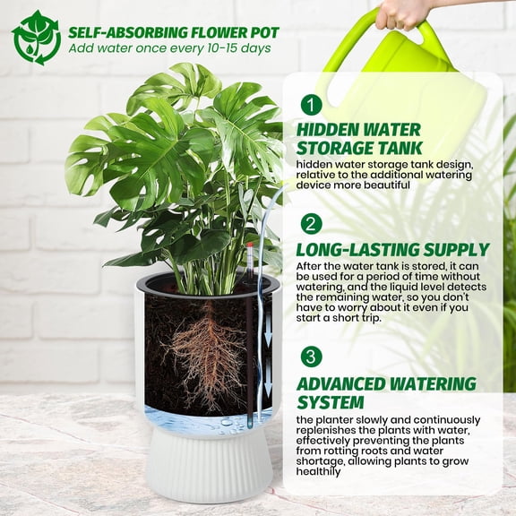 Set of 2 Tall 14.2" Self-Watering Planters with Built-In Drainage & Water Level Monitor - Large White Indoor/Outdoor Plastic Plant Pots for Patio, Porch, Living Room, or Office - Straight Plastic
