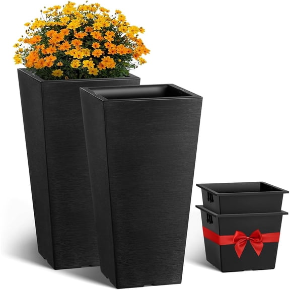 Set of 2 Tall Outdoor Planters 22inch, Large Planters for Outdoor Indoor Plants, Black Front Porch Planter Flower Tree Plant Pots with Modern Design and Built-in Drainage