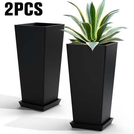 Set Of 2 Tall Outdoor Planters 24 Inch, Large Planters For Indoor Outdoor , Tapered Square Flower Pots For Trees Flowers With Tray For Patio Garden, Black