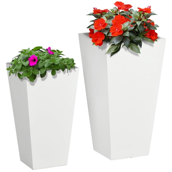 Set of 2 Tall Outdoor Planters, White MgO Flower Pots with Drainage Holes, Modern Stone-Look Planter Boxes for Patio Porch Garden Yard Balcony Decor, Large Lightweight Indoor Outdoor Plant Pots