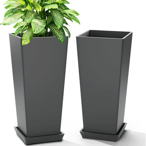 Set of 2 Tall Planters for Outdoor Plants, 24 Inch Large Tapered Pots with Drainage Trays, Weather-Resistant Plastic Plant Containers for Patio, Porch, Garden, Front Door Decor,Gray