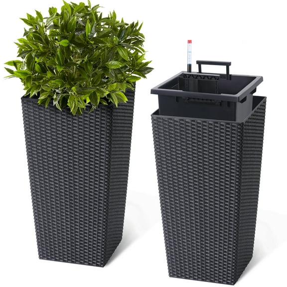 Set of 2 Tall Rattan Planters with Trays & Wheels – 22.5" Large Black Flower Pots with Built-in Drainage & Water Level Gauge – Modern All-Weather Indoor/Outdoor Plant Containers for Patio, Porch