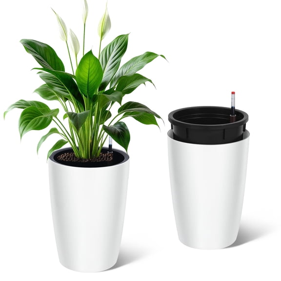 Set of 2 Tall Self‑Watering Plant Pots – 22” White Indoor Outdoor Planters with Drainage Holes, Water Level Gauge & Inner Bucket for Patio, Porch, Living Room