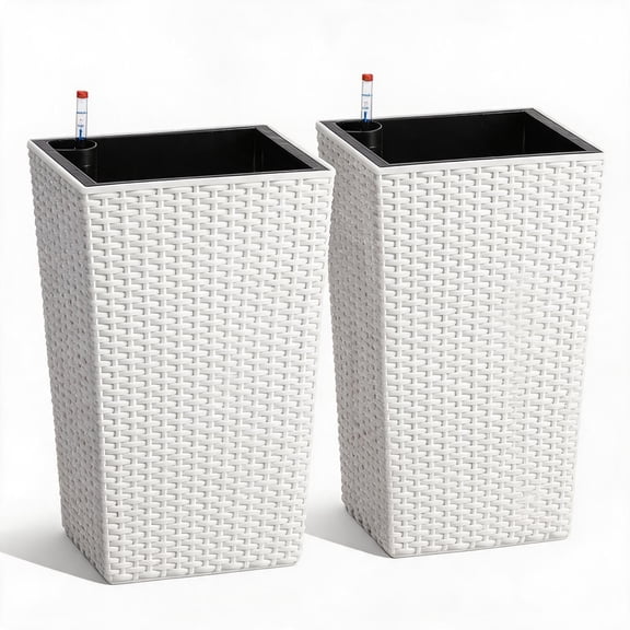 Set of 2 Tall Wicker Planters for Outdoor Plants Modern Large Flower Pots with Detachable Liners Built-in Drainage Heavy Duty Patio and Porch Garden Planters White