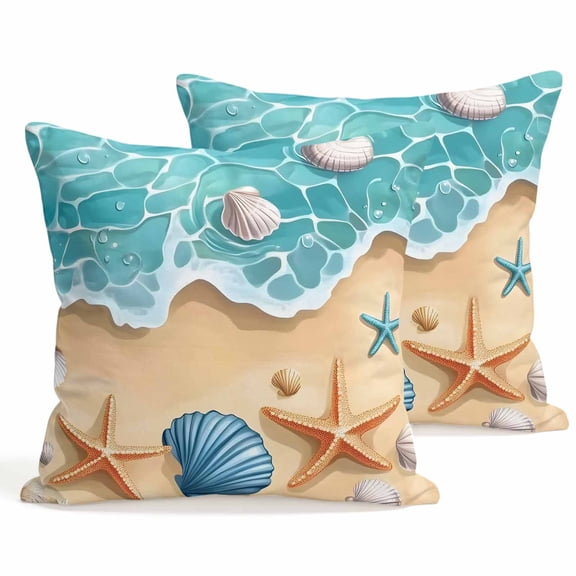 Set of 2 Teal Beach Pillow Covers 18x18 Inch, Water Ripped Starfish Shell Shore Coastal Decorative Throw Pillow Cases Cotton Cushion Covers for Sofa Couch Bed Living Room Bedroom Home Decor