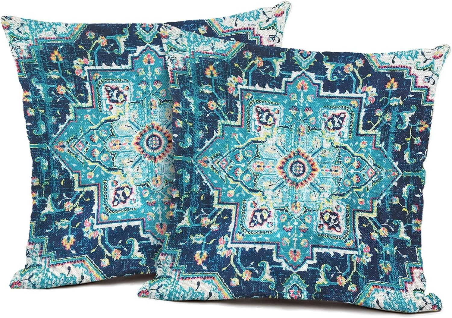 Boho Linen Pillow Covers 18x18 Inch - Persian Carpet Cyan Vintage Design For Sofa Decor