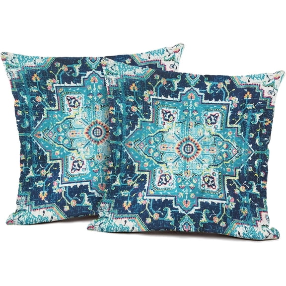 Set of 2 Teal Blue Mandala Boho Throw Pillow Covers Linen Decorative Throw Pillow Case Cushion Cover Pillowcases for Home Decor Sofa Living Room Bed Couch Car 18x18 in Boho