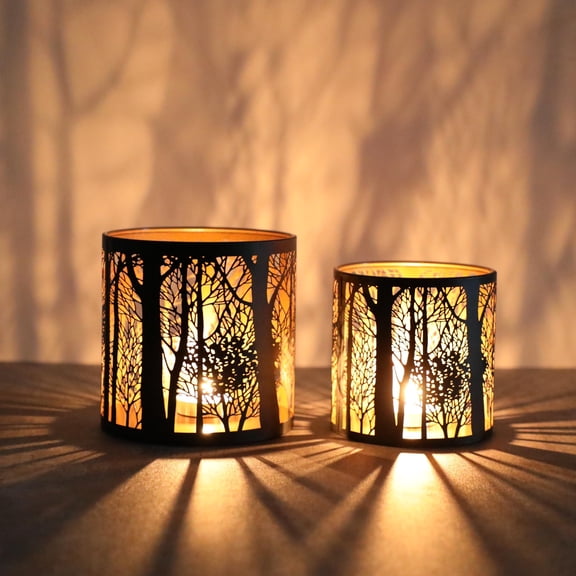 Set of 2 Tealight Candle Holder, Candle Holder with Pattern of Trees Forest, Romantic Mosaic Tea Light Holder Cup for Table Centerpieces, Christmas, Birthday Party, Home Decor A101