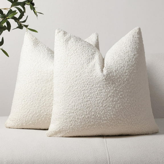 SANMADROLA Set of 2 Textured Boucle Throw Pillow Covers 18x18 Inch Accent Solid Pillow Cases Cozy Soft Decorative Couch Cushion Case for Chair Sofa Bedroom Living Room Home Decor, Beige