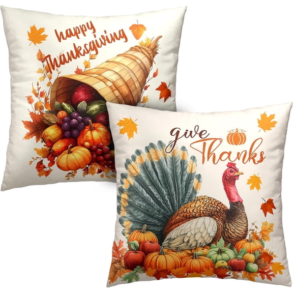 Set of 2 Thanksgiving Throw Pillow Covers 20x20 Turkey with Autumn Pumpkin Pillow Covers Fall Harvest Pillow Case Square Cushion Case for Living Room Couch