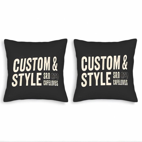 Set of 2 Throw Pillow Covers 18x18in - Stylish Black Square Cushions with Bold ' CUSTOM & STYLE ' Text & Coffee Cup Graphic - Perfect for Couch Bed Car
