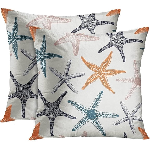 Set of 2 Throw Pillow Covers Beach Ocean Coastal Orange Black and Blue Starfish Decorative Pillow Cases Home Decor Standard Square 18x18 Inches Summer White Pillowcases