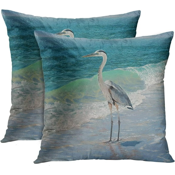 Set of 2 Throw Pillow Covers Blue Heron Beach Sea Wave Watercolor Painting Decorative Pillow Cases Home Decor Standard Square 20x20 Inches Pillowcases