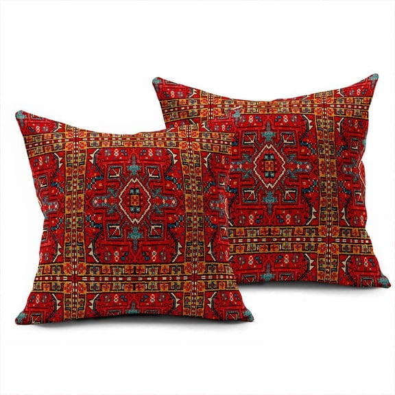 Set of 2 Throw Pillow Covers Red Carpet Tribal Persia Abstract Moroccan Oriental Rug Art 18x18 Inches Square Pillowcase for Living Room Sofa Office Cafe Couch Decor Pillows Cases