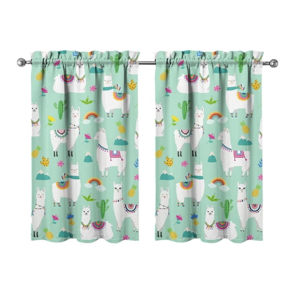 Set of 2 Tier Curtains with Llama & Alpaca Pattern - 27.5x39 Inch Funny Cartoon Design Semi-Sheer Kitchen Curtains, Farmhouse Style Window Treatment Panels