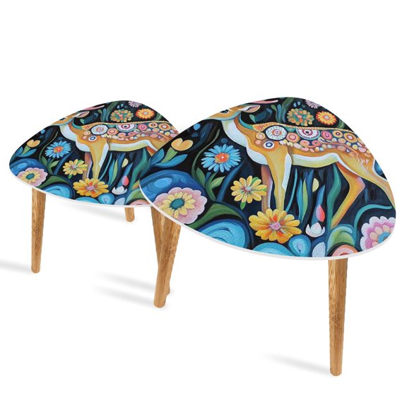 Set of 2 Triangle End Table Animals Painting Acrylic Oil Deer Flowers Colorful Antlers Set of 2 Side Tables End Tables, Nesting Tables for Living Room