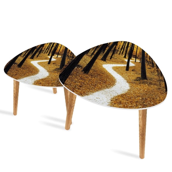 Set of 2 Triangle End Table Autumn Forest Scenery Fall Leaves Warm Gold Foliage Footpath Set of 2 Side Tables End Tables, Nesting Tables for Living Room