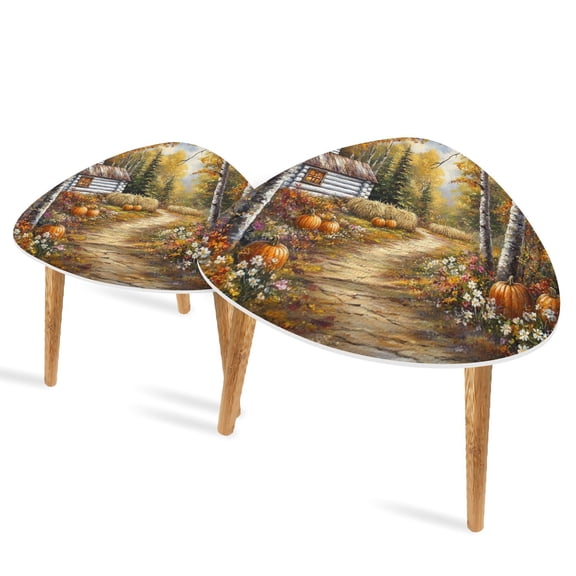 Set of 2 Triangle End Table Autumn Maple Forest Pumpkins Cabins Flowers Paths Haystacks Set of 2 Side Tables End Tables, Nesting Tables for Living Room