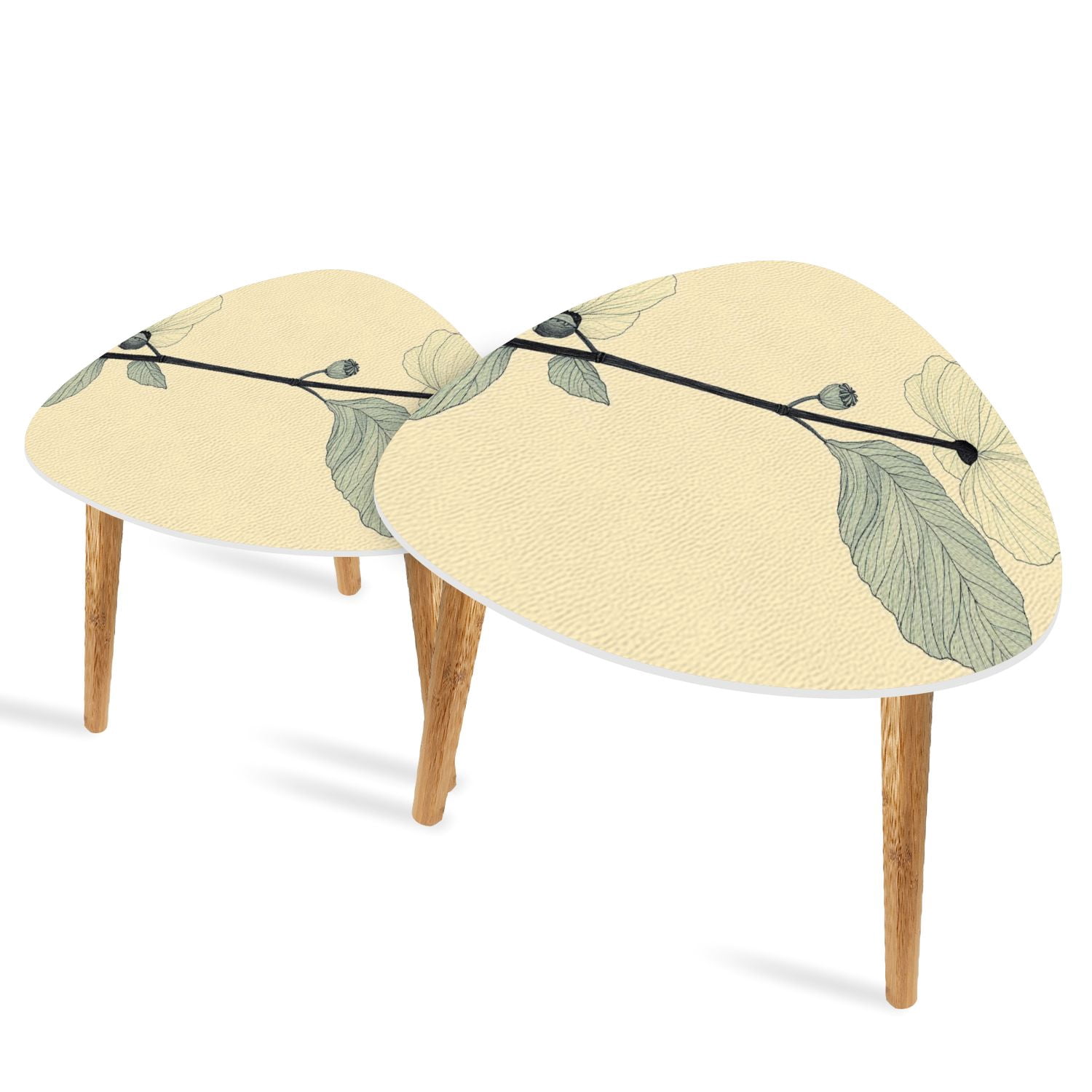 Set of 2 Triangle End Table Blue Botanical Floral Minimalist Flower ...