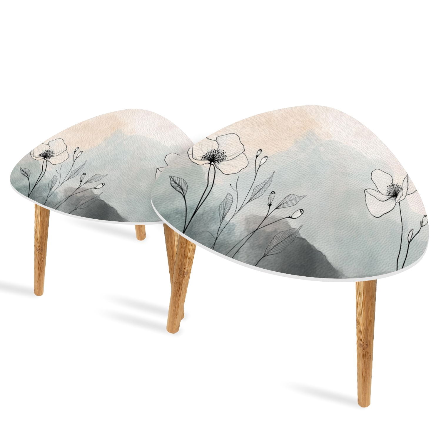 Set of 2 Triangle End Table Blue Botanical Floral Minimalist Flower ...