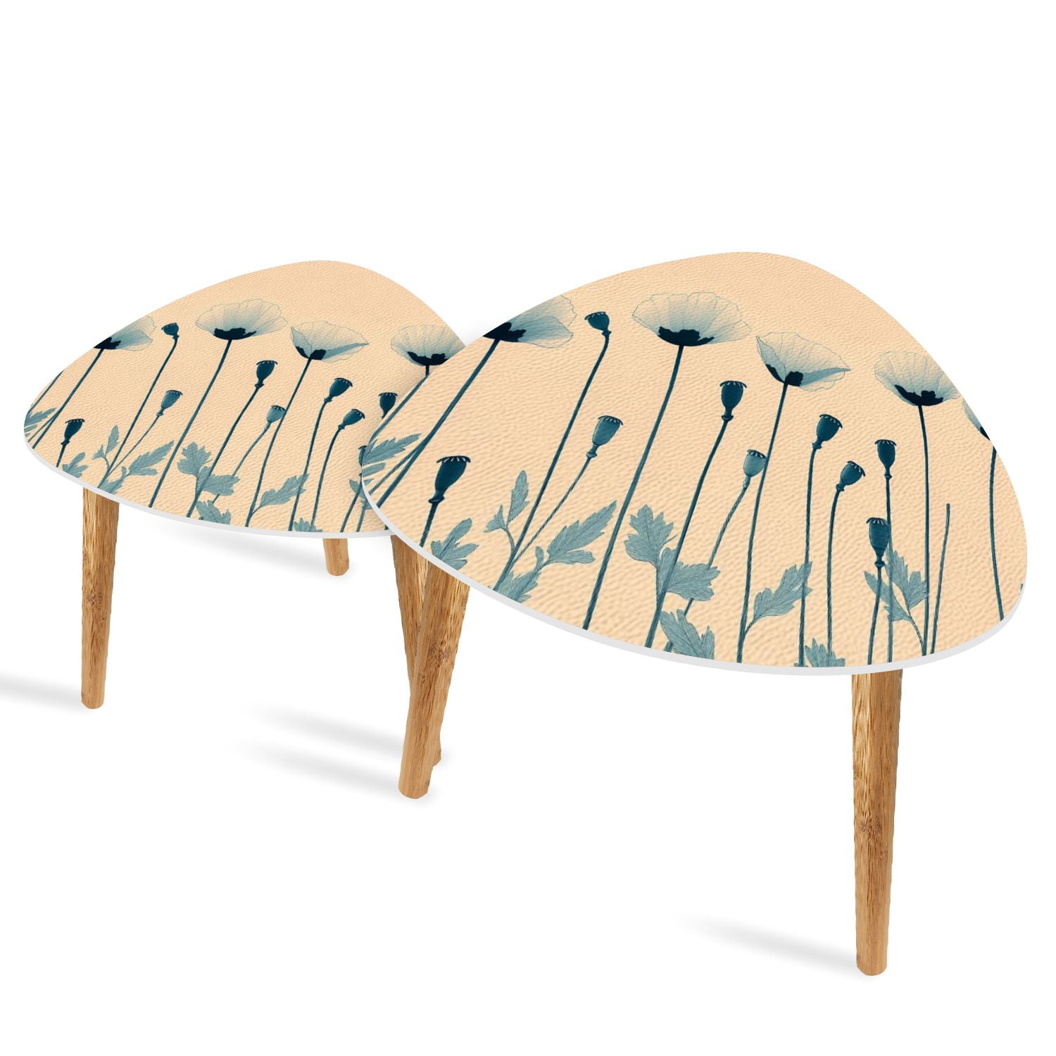Set of 2 Triangle End Table Blue Botanical Floral Minimalist Flower ...