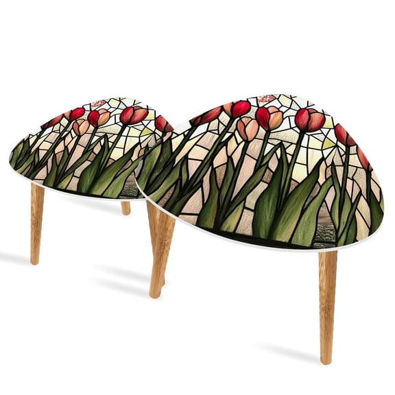 Set of 2 Triangle End Table Flowes Flower Floral Oil Painting Tulips Stems Leaves Color Set of 2 Side Tables End Tables, Nesting Tables for Living Room