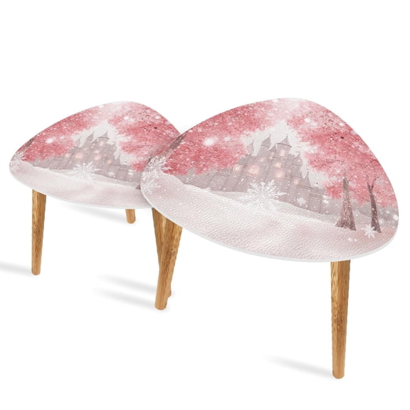 Set of 2 Triangle End Table Modern Art Winter Snowflake Fairytale Castle Snowfall Pink Set of 2 Side Tables End Tables, Nesting Tables for Living Room