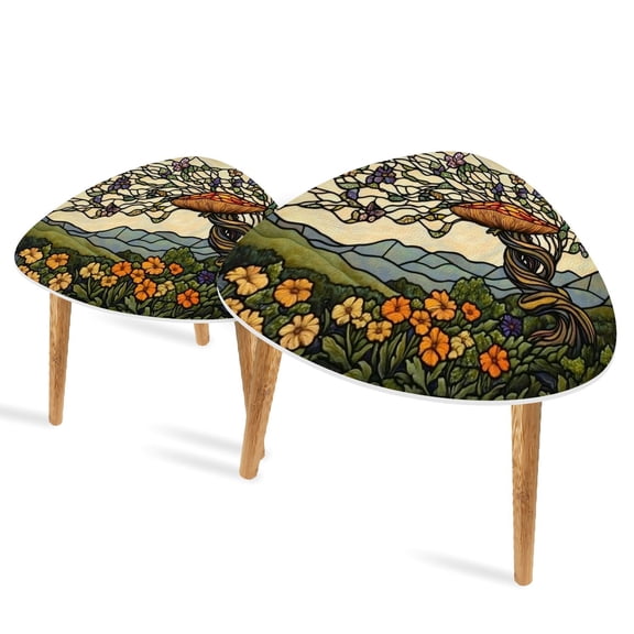Set of 2 Triangle End Table Mushroom Enormous Mushroom Butterflies Twisted Tree Colorful Set of 2 Side Tables End Tables, Nesting Tables for Living Room