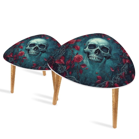 Set of 2 Triangle End Table Skull Paint By Numbers Skeleton Floral Garland Rose Leaves Set of 2 Side Tables End Tables, Nesting Tables for Living Room
