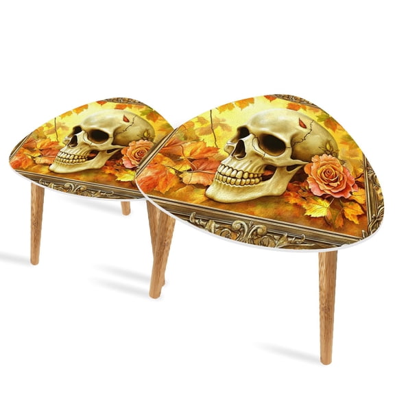 Set of 2 Triangle End Table Skull Paint By Numbers Skeleton Floral Garland Rose Leaves Set of 2 Side Tables End Tables, Nesting Tables for Living Room