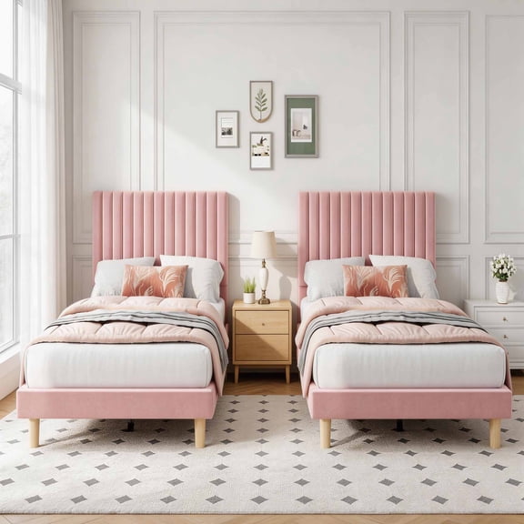 Set of 2 Twin Size Velvet Platform Beds with Adjustable Headboard – Vertical Channel Tufted Design, 800 lbs Capacity, No Box Spring Needed, Easy Assembly