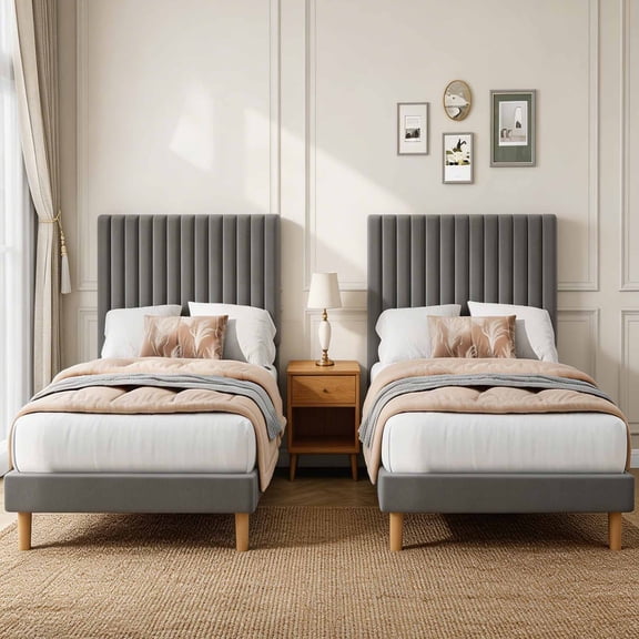 Set of 2 Twin Size Velvet Platform Beds with Adjustable Headboard – Vertical Channel Tufted Design, 800 lbs Capacity, No Box Spring Needed, Easy Assembly